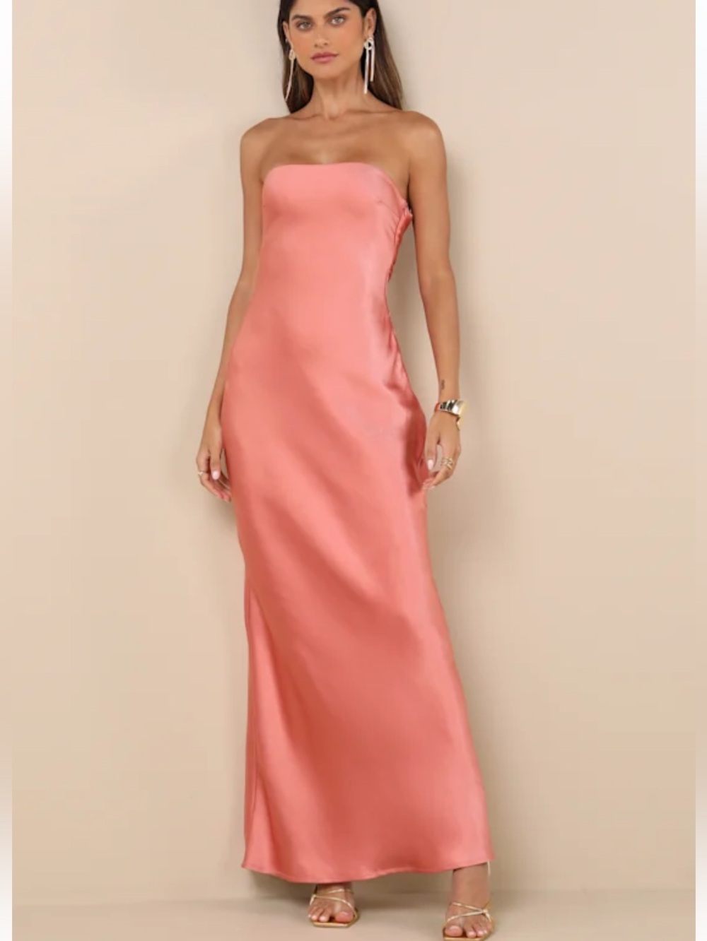 New Lulus Elliette  Strapless Satin Slip Maxi Dress in Coral Pink Sz Medium